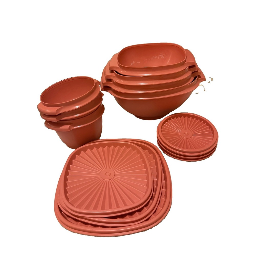 Vintage Tupperware Servalier Bowls Coral Pink Sunburst Lids Set of 7 - Picture 2 of 3